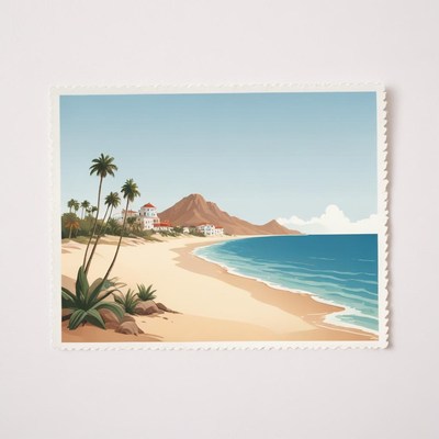 Beach postcard with palm trees and mountains