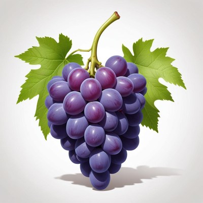 A bunch of grapes with green leaves on a white background