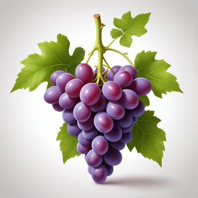 A bunch of purple grapes with green leaves