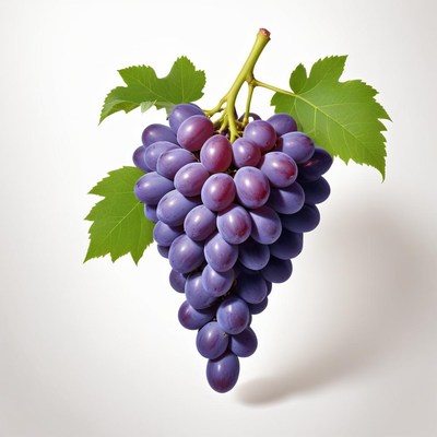 A bunch of purple grapes with green leaves