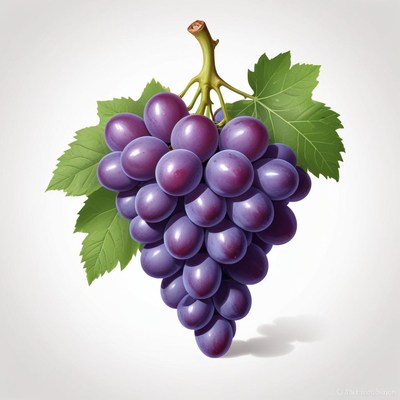 A bunch of dark purple grapes with green leaves
