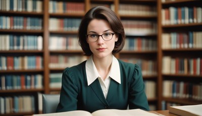 A woman sits in a library, looking at the camera