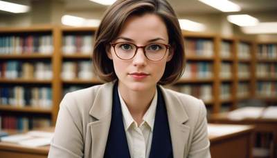 Woman with short brown hair and glasses in library