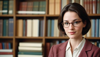 Woman with short brown hair and glasses in library