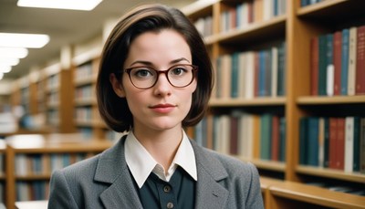 A woman in glasses stands in a library
