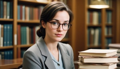 A woman in a library looks at the camera