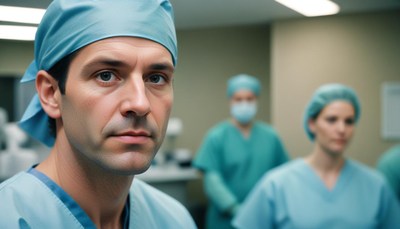 Surgeon gazes at camera in hospital operating room