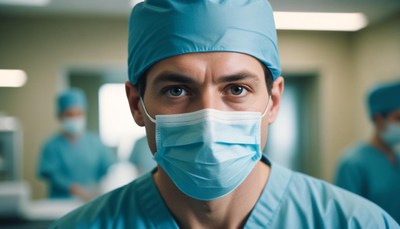 A doctor wearing a surgical mask in a hospital