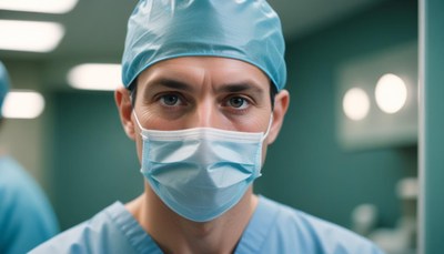 A surgeon looks directly at the camera in an operating room