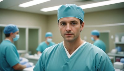 A male surgeon looks directly at the camera