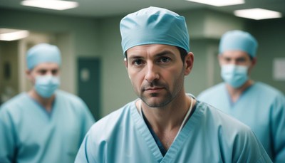 A surgeon looks intently at the camera in a hospital