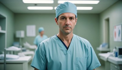 A doctor stands in a hospital room