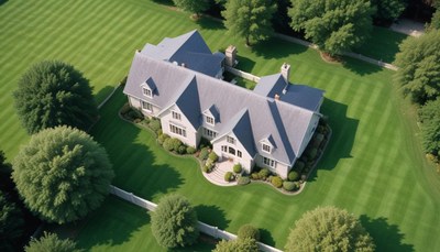 An aerial view of a large house with a manicured lawn
