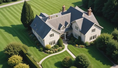 A white house with a gray roof sits on a manicured lawn