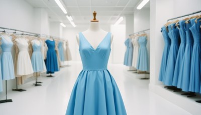 A blue dress on a mannequin in a clothing store