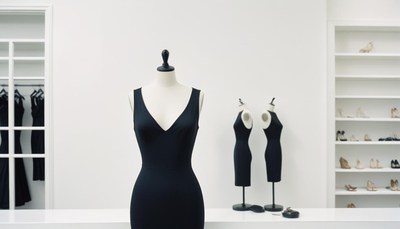 A mannequin wears a black dress in a fashion store