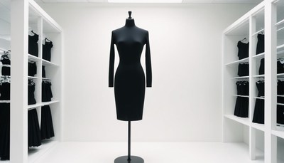 A black dress on a mannequin in a white room