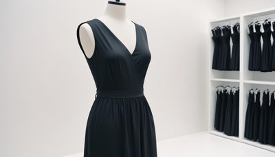 A simple black dress on a mannequin in a white room