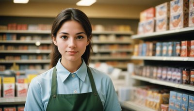 A young woman wearing an apron stands in a grocery store