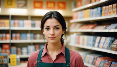 A young woman stands in a convenience store