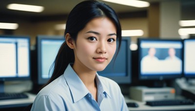 A woman smiles at the camera in an office