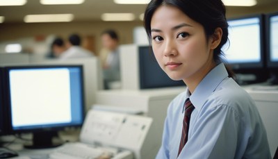 A woman sits at a desk in an office