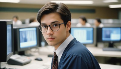 A man in glasses works at a computer