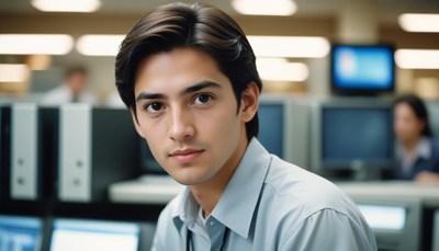 A man looks directly at the camera while working at his desk