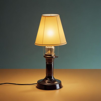 A lamp with a white shade is on a table