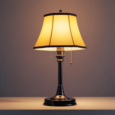A table lamp with a cream shade sits on a desk