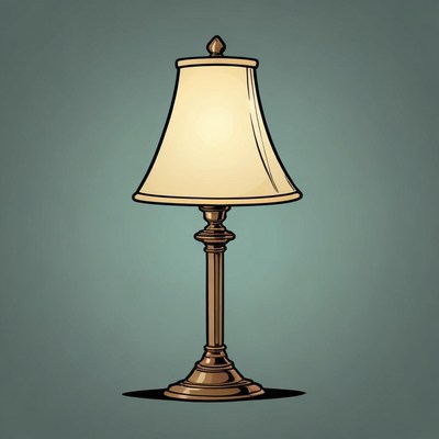 A brass table lamp sits on a blue background
