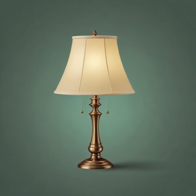 A brass table lamp sits on a teal surface