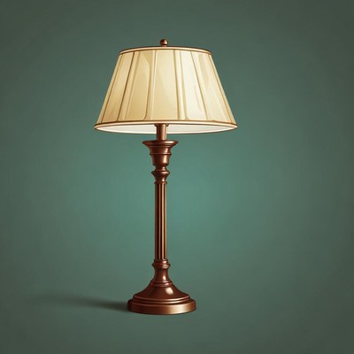 A bronze lamp with a white shade sits on a teal surface