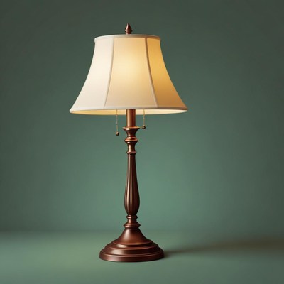 Bronze lamp with white shade on teal surface