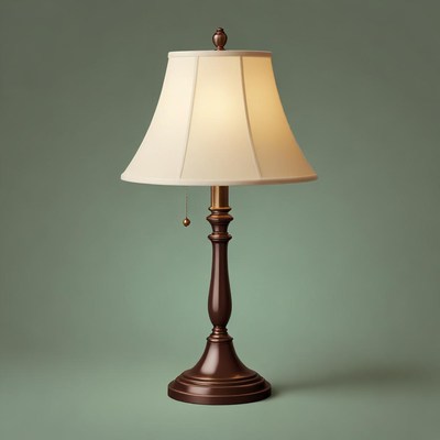 A classic lamp with a white shade sits on a green surface