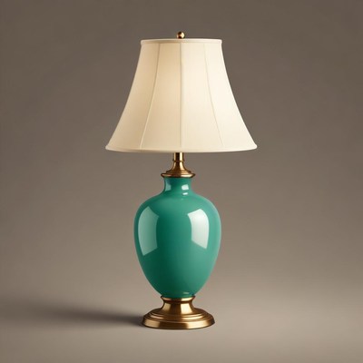 Green ceramic lamp with white shade on table