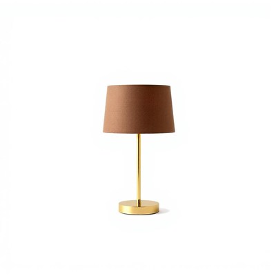 A gold table lamp with a brown lampshade