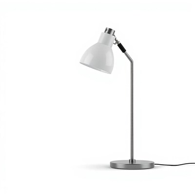 A white desk lamp with a silver base
