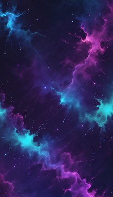 Purple and blue nebulae glow in the night sky