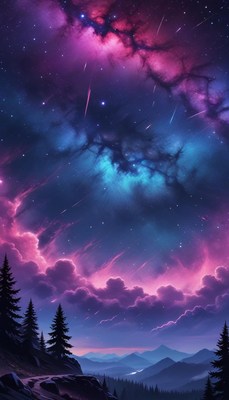 A starry night sky with a nebula over a mountain range