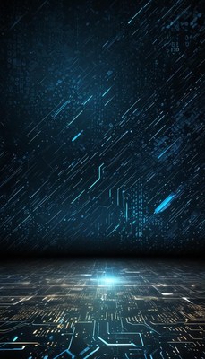 A digital circuit board with glowing lights