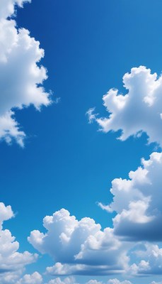 White clouds float in a bright blue sky