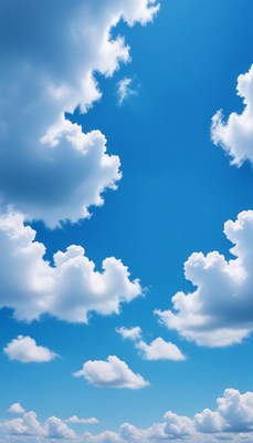 White clouds float in a blue sky