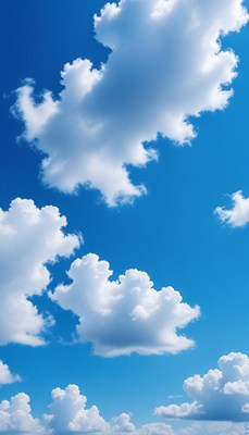 White fluffy clouds drift across a clear blue sky