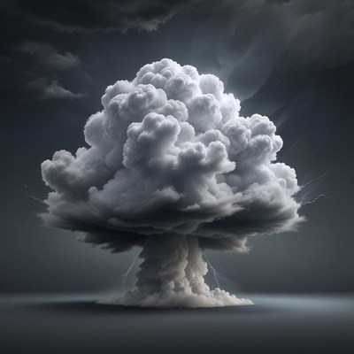 A mushroom cloud with lightning strikes