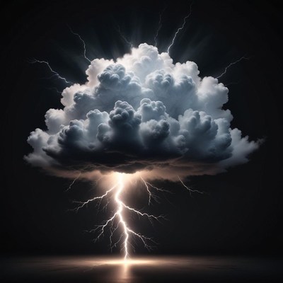 A large, dark cloud with lightning striking below it