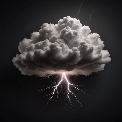 A large storm cloud with lightning strikes
