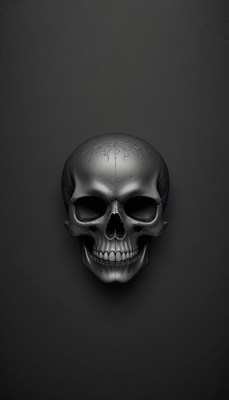 A black and white skull sits on a dark surface