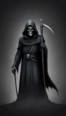 The grim reaper stands with his scythe