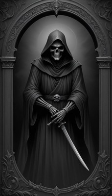 Hooded figure with a sword in ornate frame